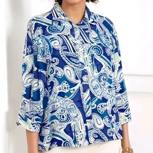 Lauren Ralph Lauren Blue White 3/4 Sleeve Paisley Shirt XL Extra Large